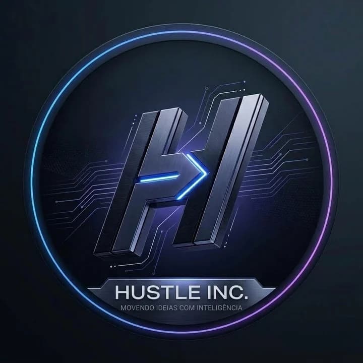 Selo da Hustle Inc: letra H metálica 3D com chevron azul neon dentro de um anel em degradê azul e roxo
